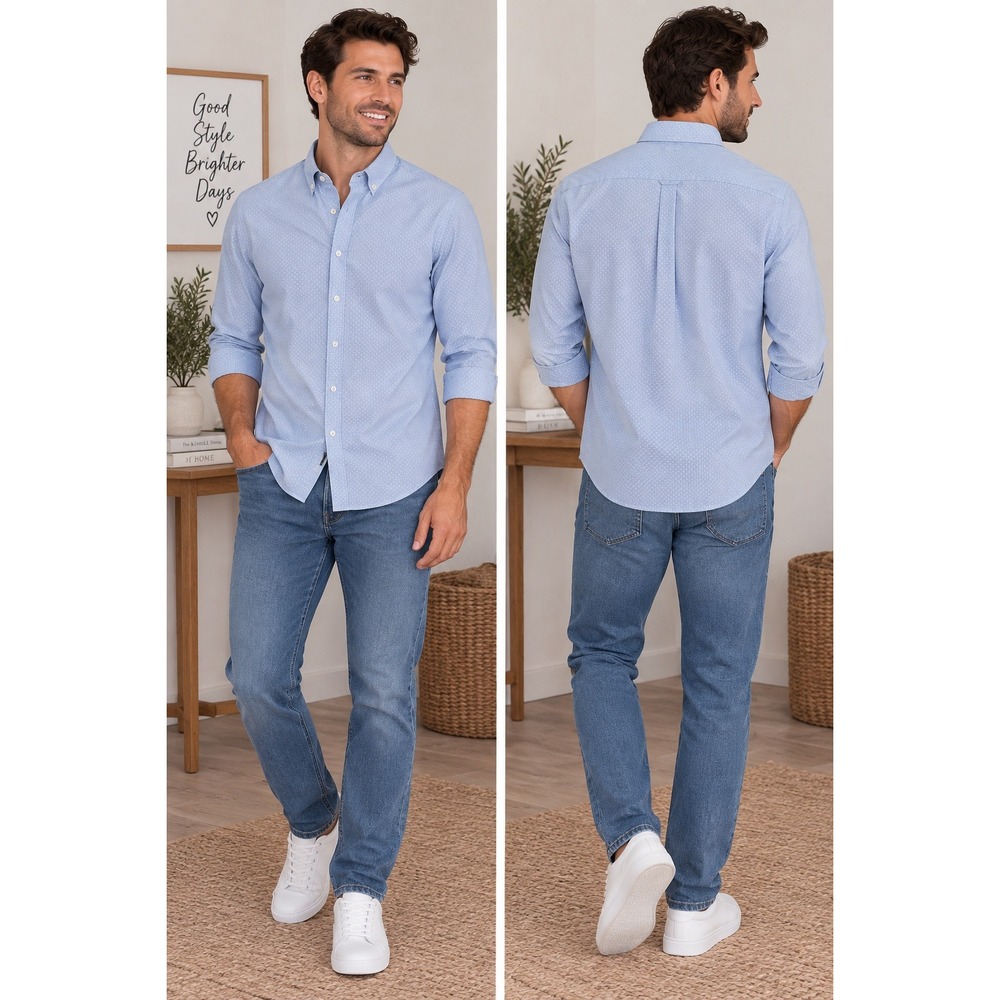 Denim & Flower Mens Large Slim Fit Light Blue Micro Dot Button Down Poplin Shirt